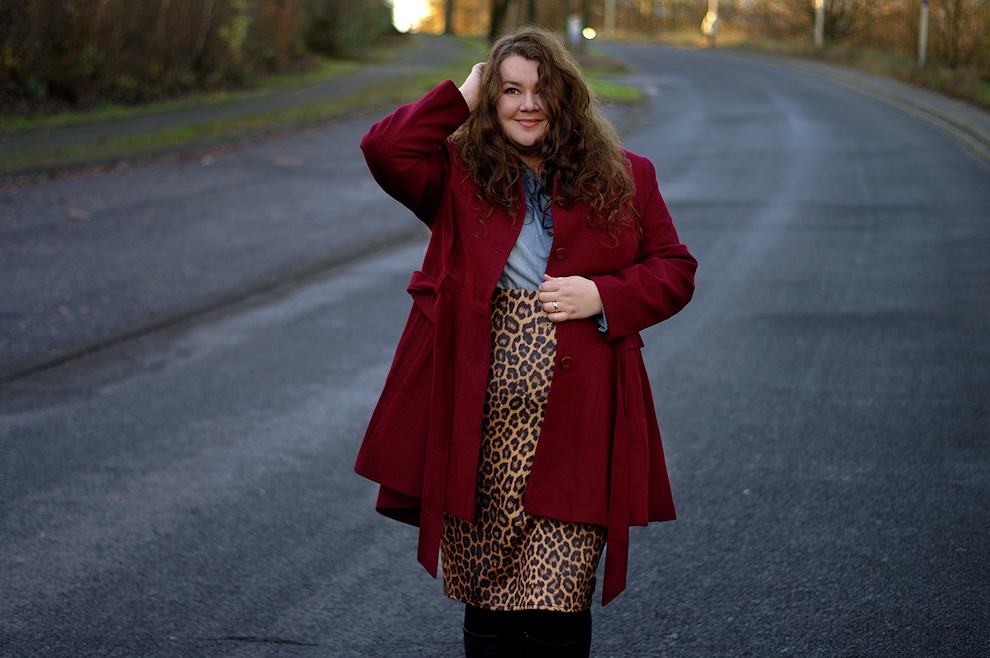 Leopard skirt with a burgundy coat